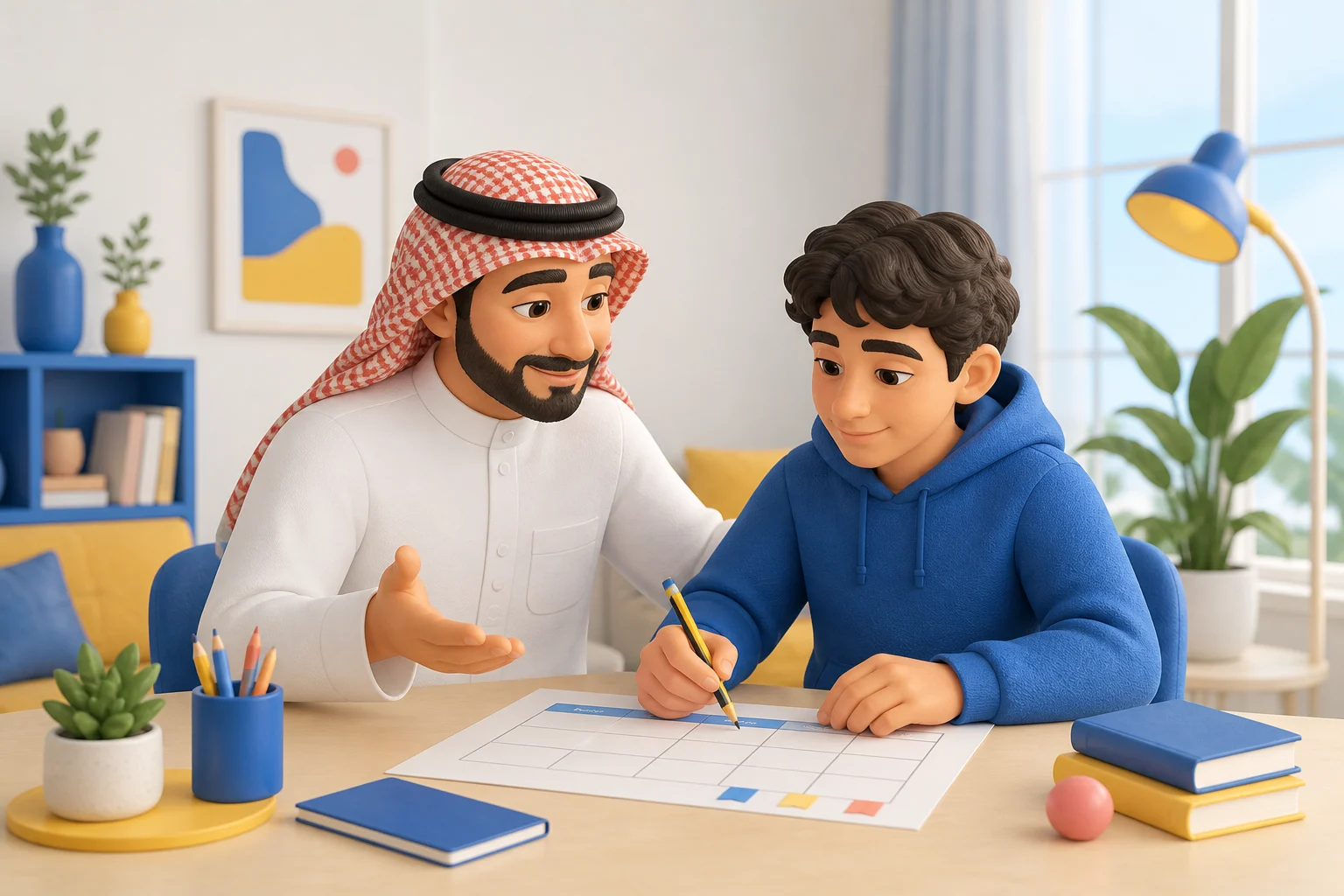 رسم تحريري لوالد يساند طالباً أثناء تنظيم خطة المذاكرة